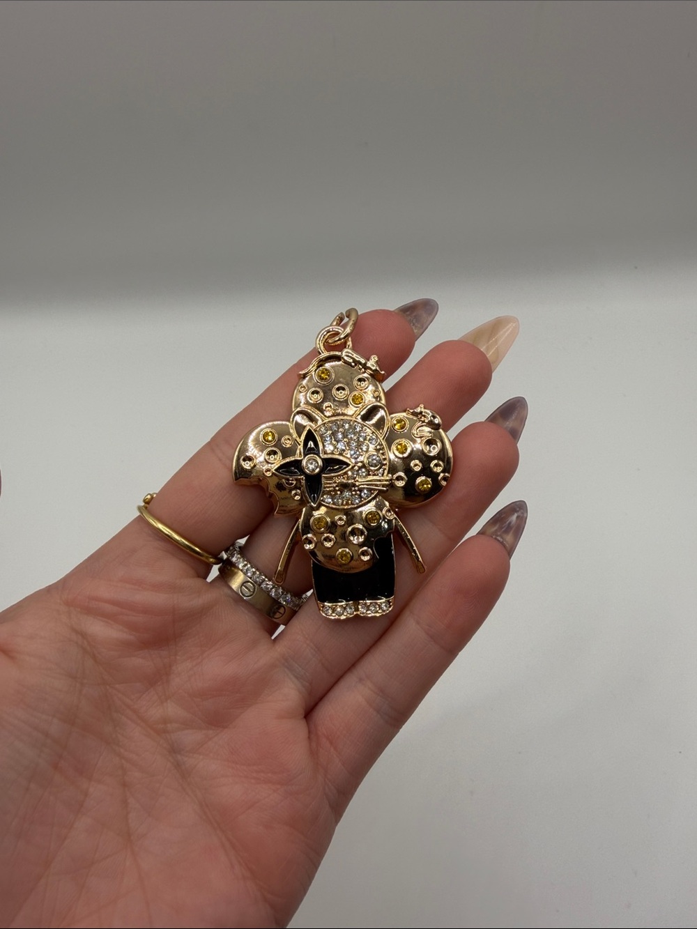 1473. Gold Tone Black & Clear Crystal Vivi Pendant Necklace Charm